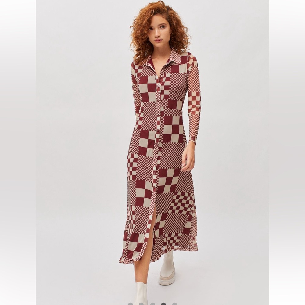 Urban Outfitters Burgundy and Cream Checker Midi Dress